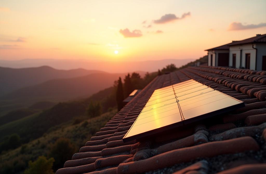 Solar panels on rooftops overlooking an Italian landscape at sunset